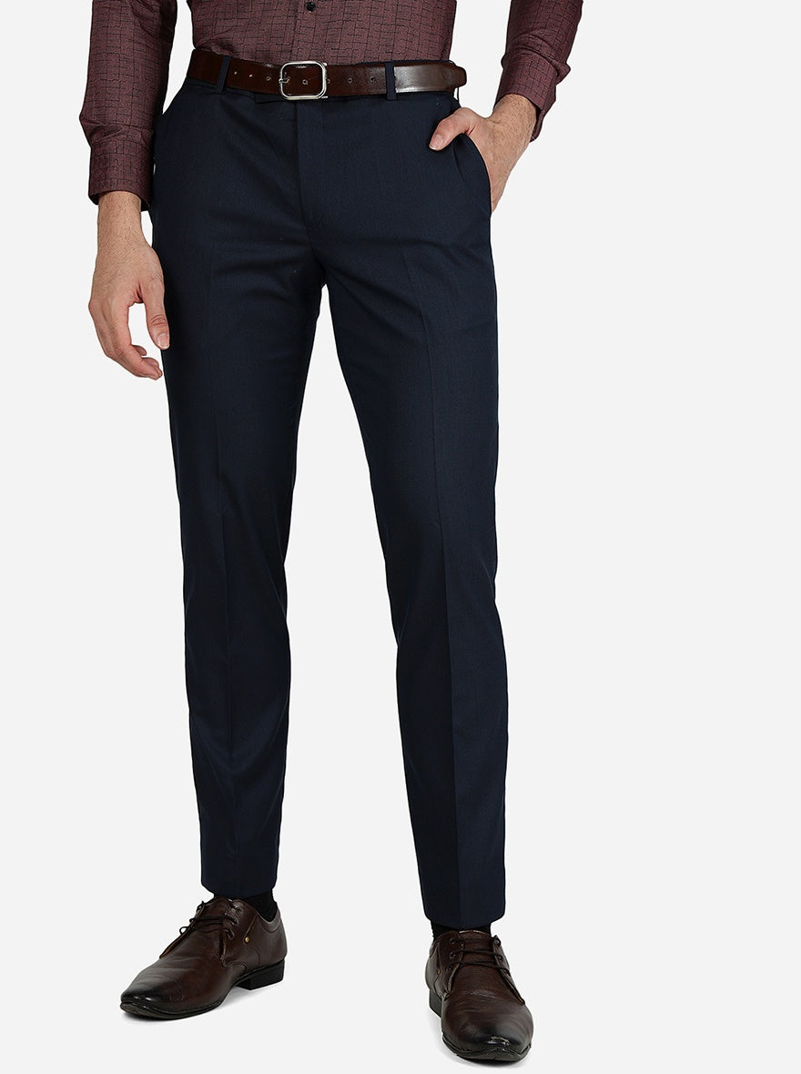 Navy Blue Solid Slim Fit Formal Trouser | Metal