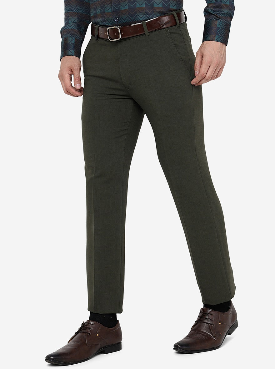 Olive Green Solid Slim Fit Formal Trouser | JB Studio