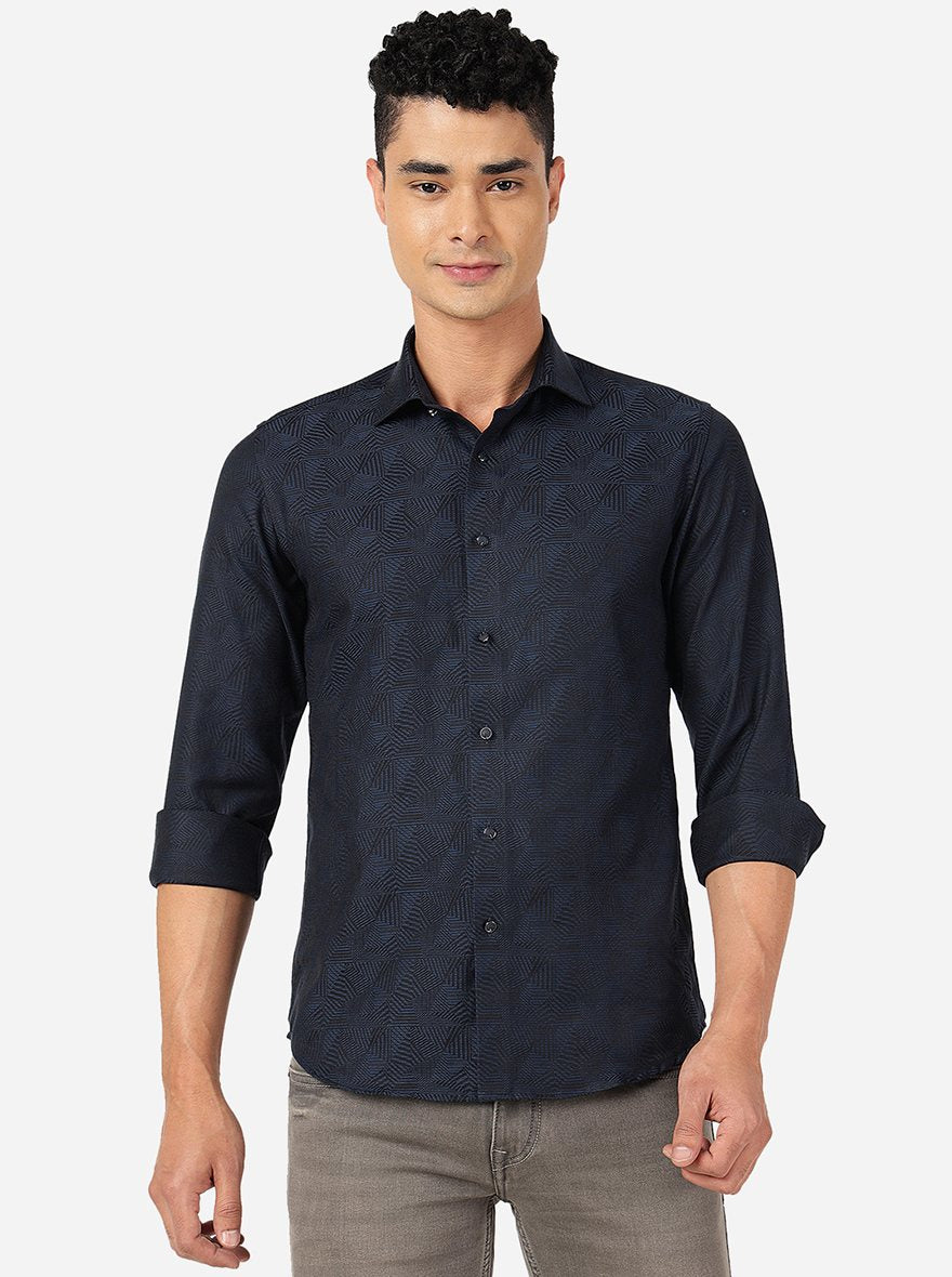 Blue Printed Slim Fit Party Wear Shirt | JB Studio