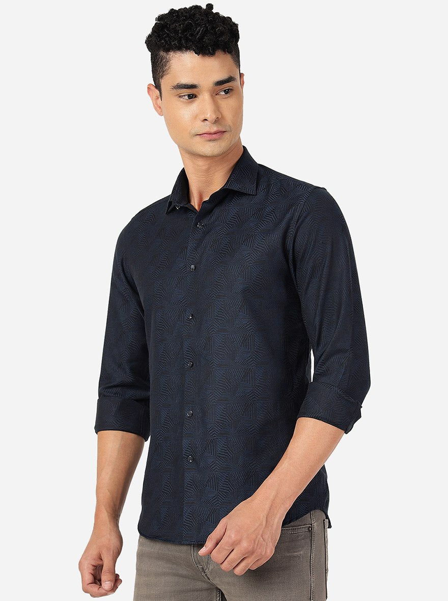 Blue Printed Slim Fit Party Wear Shirt | JB Studio