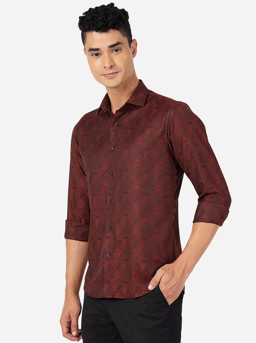 Maroon Printed Slim Fit Party Wear Shirt | JB Studio