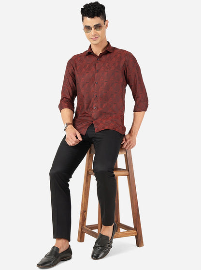 Maroon Printed Slim Fit Party Wear Shirt | JB Studio