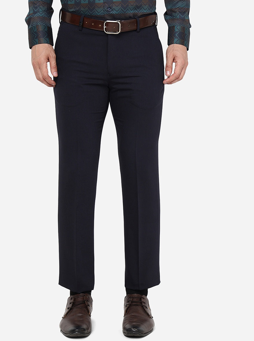 Navy Blue Solid Slim Fit Formal Trouser | JB Studio