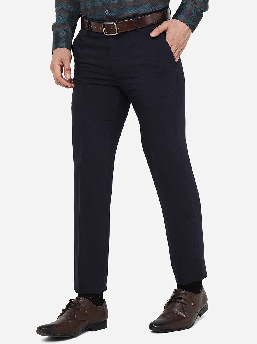 Navy Blue Solid Slim Fit Formal Trouser | JB Studio