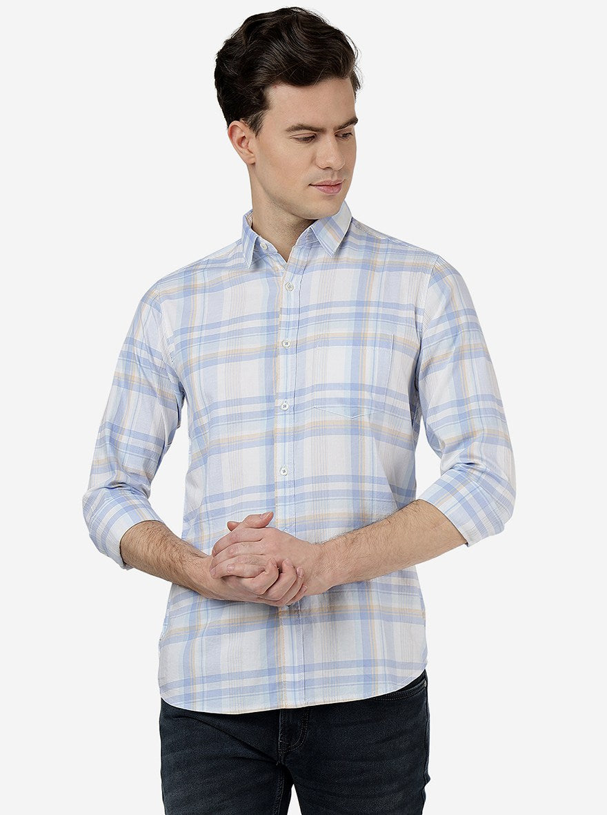 Light Blue Checked Slim Fit Casual Shirt | JadeBlue