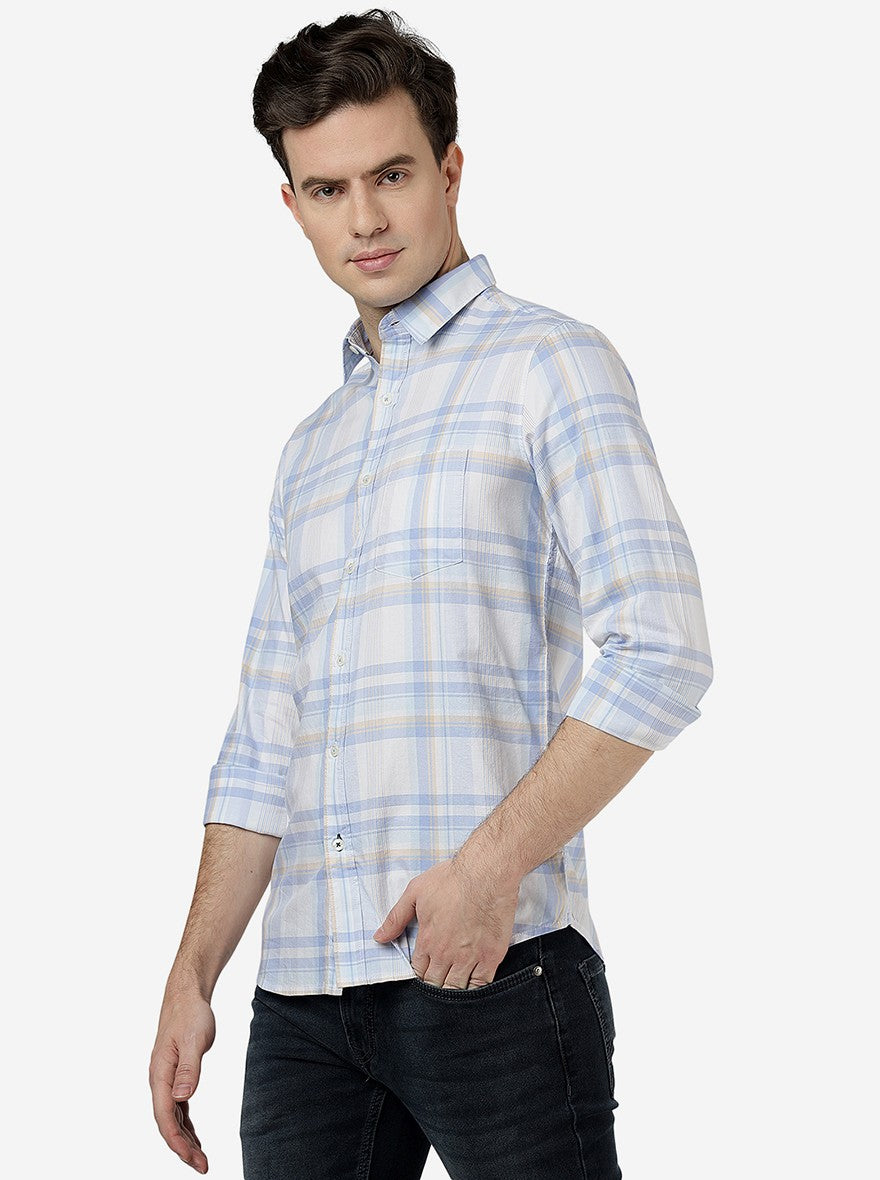 Light Blue Checked Slim Fit Casual Shirt | JadeBlue