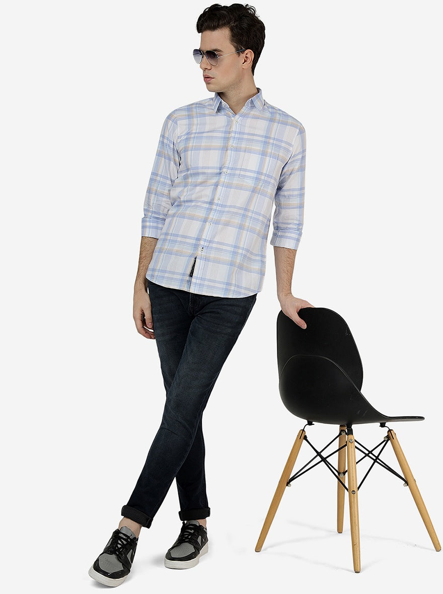 Light Blue Checked Slim Fit Casual Shirt | JadeBlue