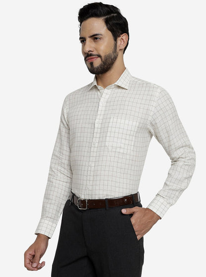Cream Checked Regular Fit Formal Shirt | JadeBlue
