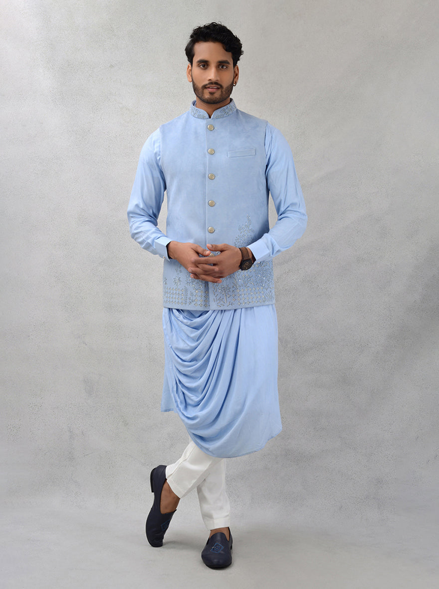 TULA Sky Blue Kurta Set with Koti Embroidered Rayon Men s Ethnic Wear Classic Straight Cut Koti Cowl Kurta Perfect for Sangeet Occasions JadeBlue