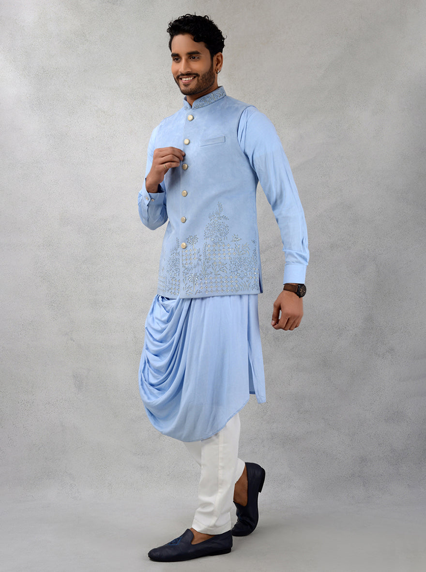 TULA Sky Blue Kurta Set with Koti Embroidered Rayon Men s Ethnic