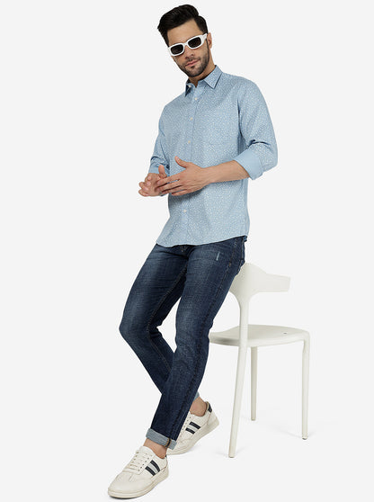 Blue Printed Slim Fit Semi Casual Shirt | JadeBlue