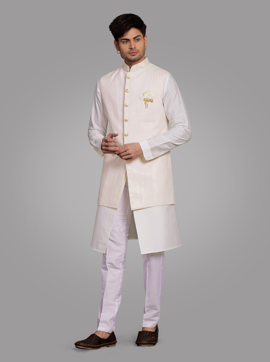 Off-White Silk Kurta Pajama Set with Pink Jacket - Babeehive