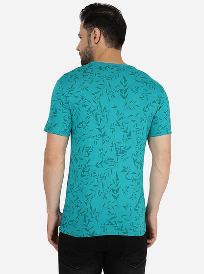Teal Blue Printed Slim Fit T-Shirt | Greenfibre