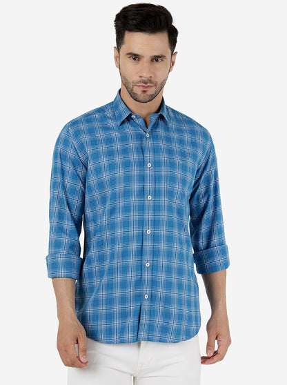 Blue Checked Slim Fit Semi Casual Shirt | JadeBlue