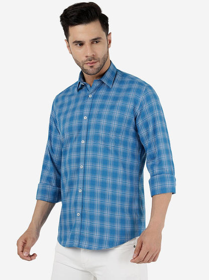Blue Checked Slim Fit Semi Casual Shirt | JadeBlue