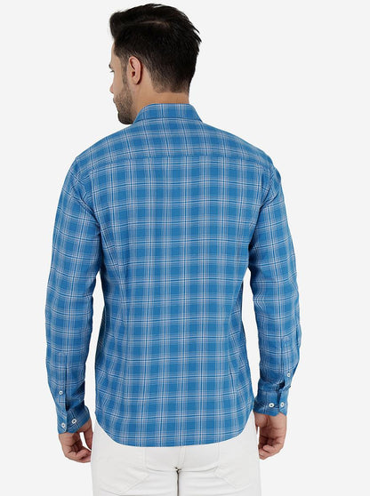 Blue Checked Slim Fit Semi Casual Shirt | JadeBlue