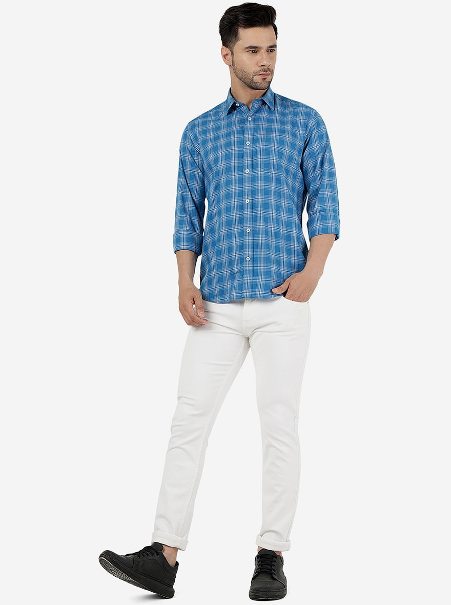 Blue Checked Slim Fit Semi Casual Shirt | JadeBlue