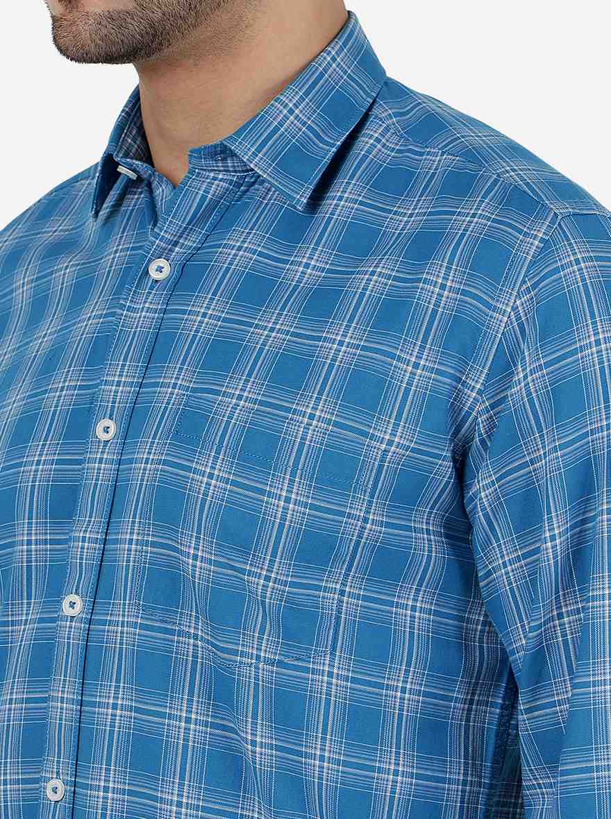 Blue Checked Slim Fit Semi Casual Shirt | JadeBlue