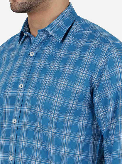 Blue Checked Slim Fit Semi Casual Shirt | JadeBlue