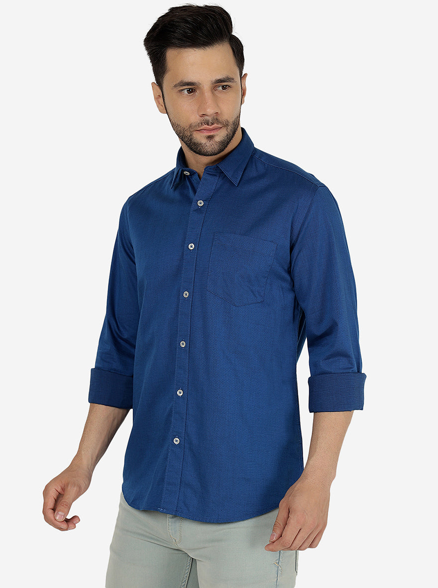 Snorkle Blue Solid Slim Fit Semi Casual Shirt | JadeBlue