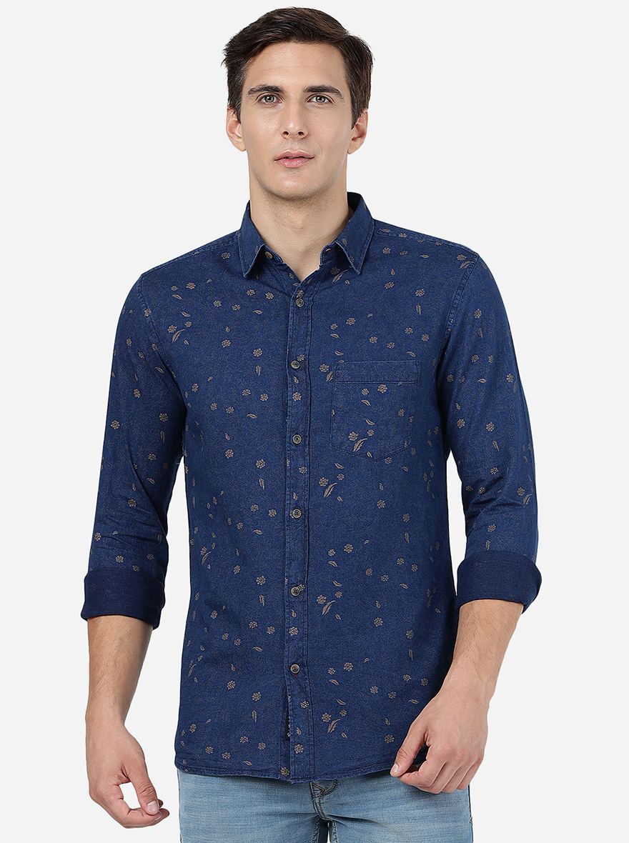 Indigo Blue Printed Slim Fit Casual Shirt | JadeBlue