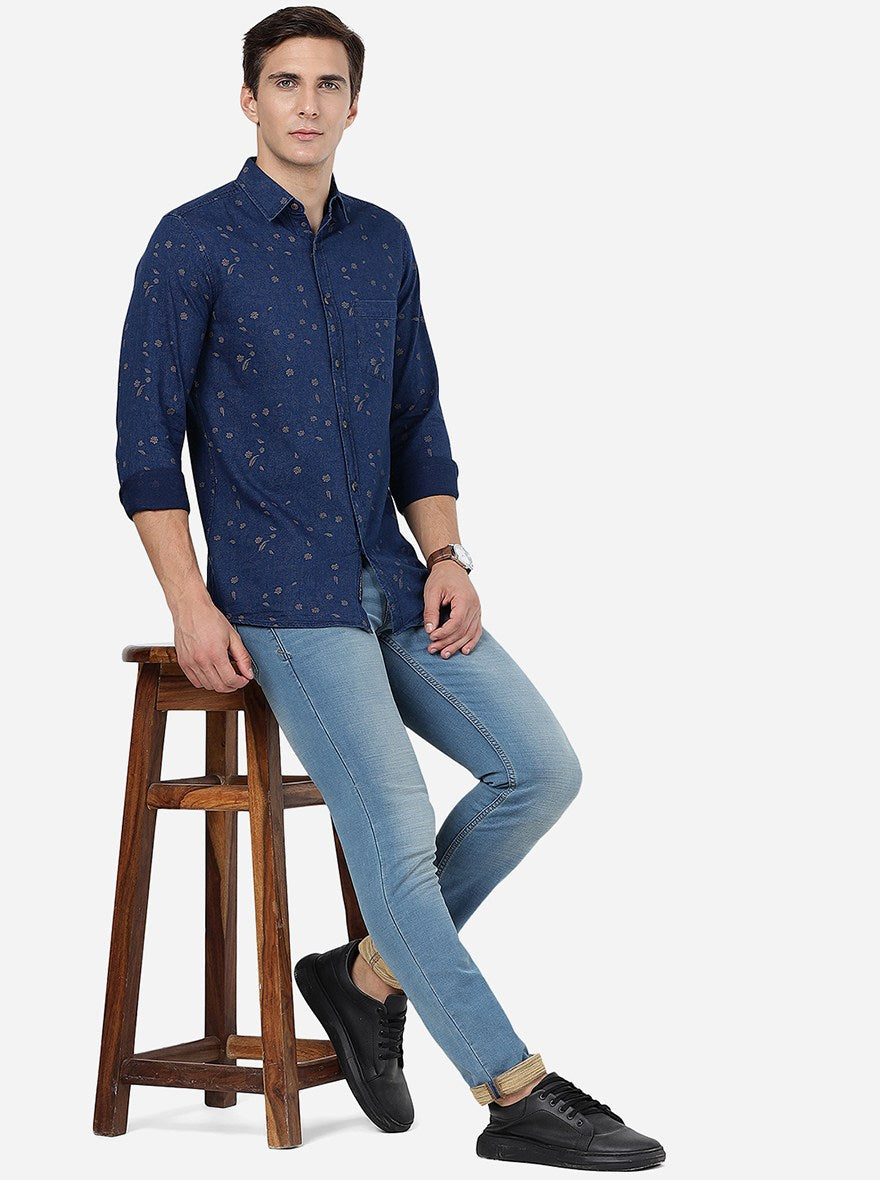 Indigo Blue Printed Slim Fit Casual Shirt | JadeBlue