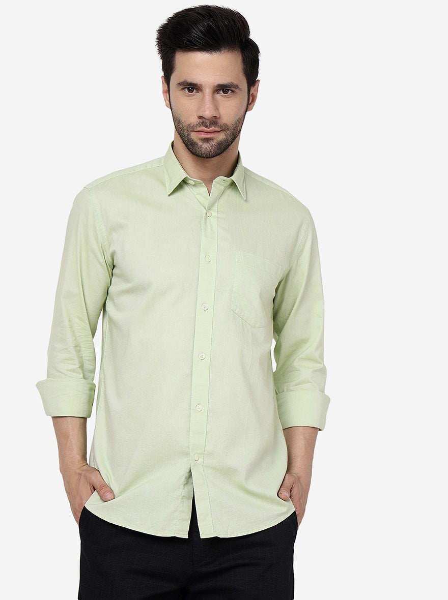 Lime Cream Solid Slim Fit Semi Casual Shirt | JadeBlue