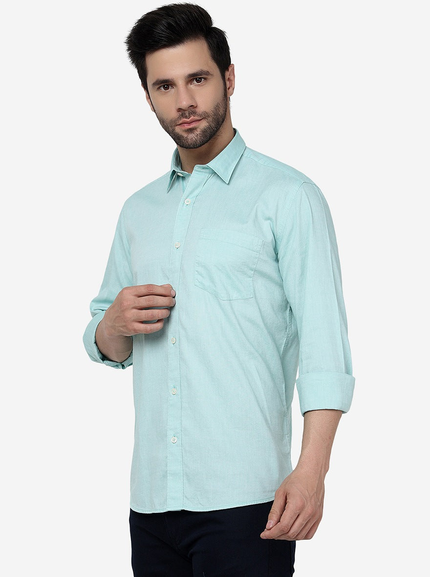Mist Green Solid Slim Fit Semi Casual Shirt | JadeBlue