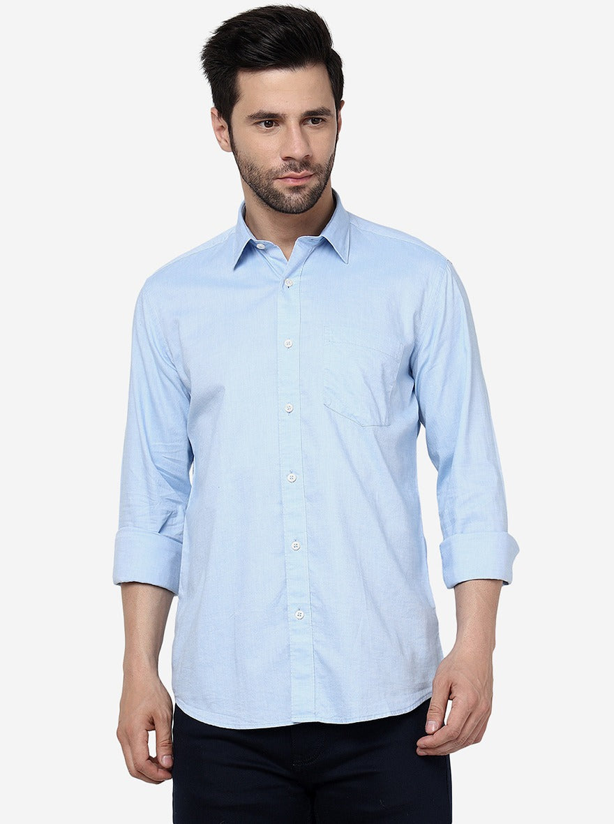 Light Blue Solid Slim Fit Semi Casual Shirt | JadeBlue