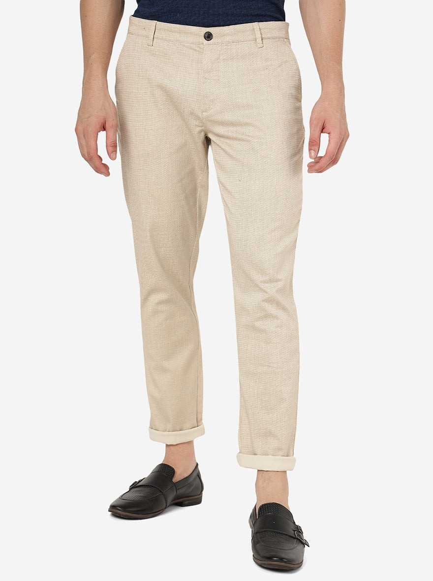 Cream Solid Uno Fit Casual Trouser | JadeBlue
