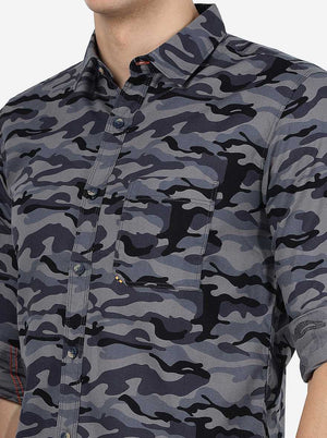 Grey Camo Printed Slim Fit Casual Shirt | JadeBlue