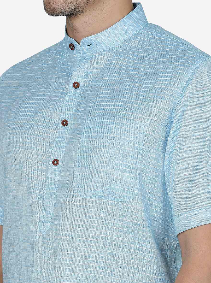 Sky Blue Striped Regular Fit Modi Kurta | JadeBlue
