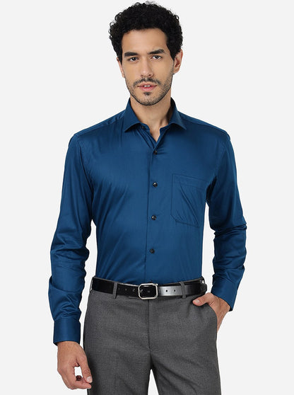 Blue Solid Slim Fit Formal Shirt | Metal