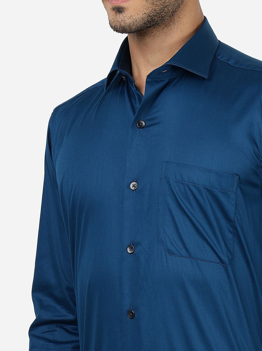 Blue Solid Slim Fit Formal Shirt | Metal