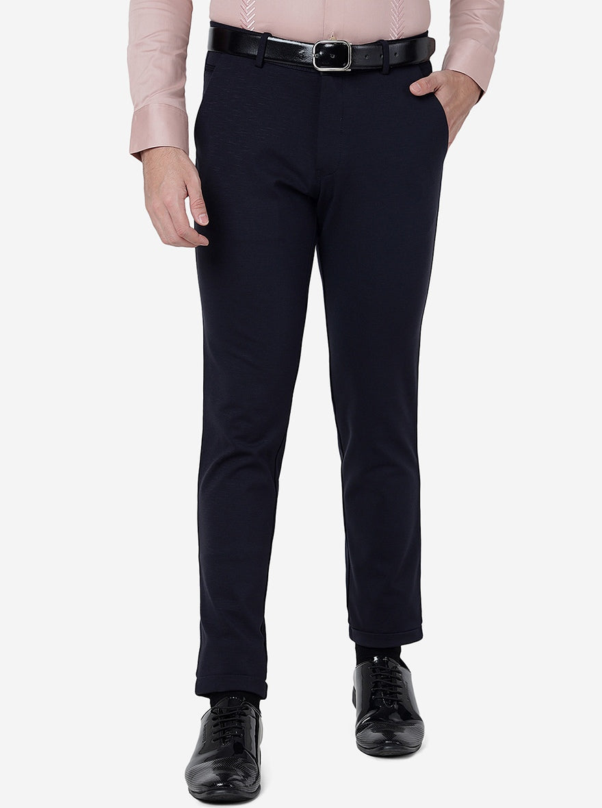 Navy Blue Solid Slim Fit Club Wear Trouser | JB Studio