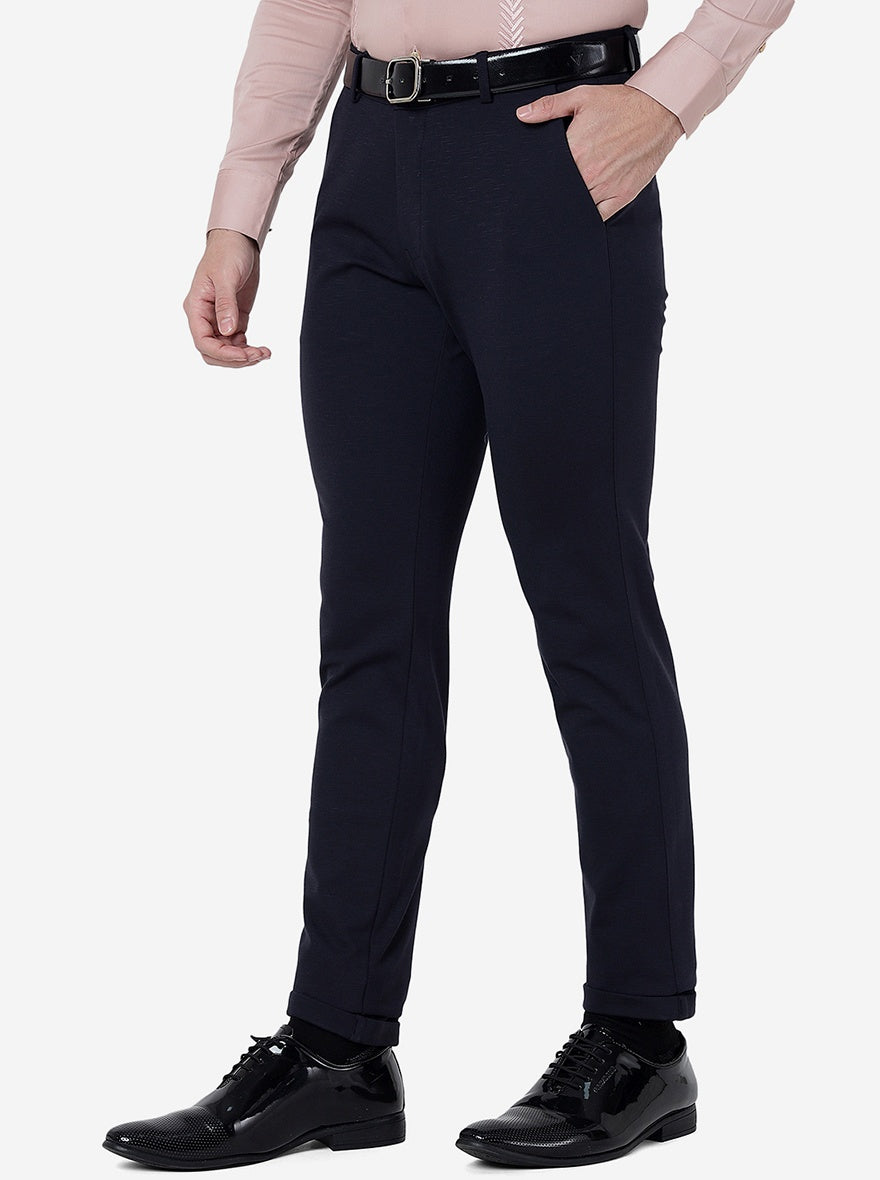 Navy Blue Solid Slim Fit Club Wear Trouser | JB Studio