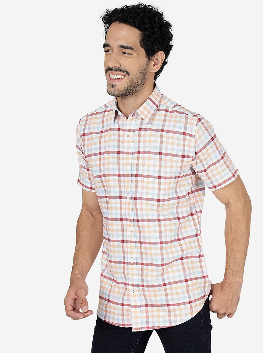 Orange Checked Slim Fit Casual Shirt | JadeBlue