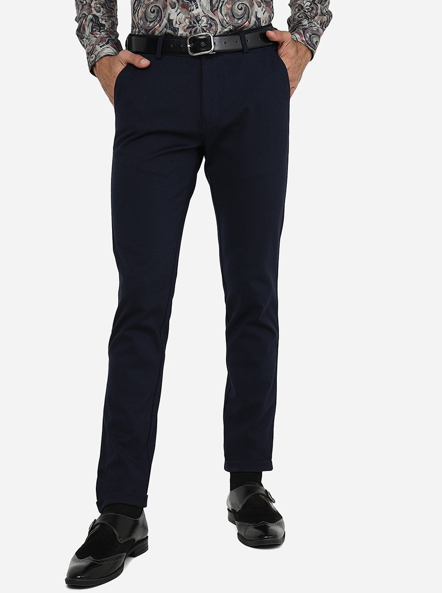 Navy Blue Solid Slim Fit Club Wear Trouser | JB Studio