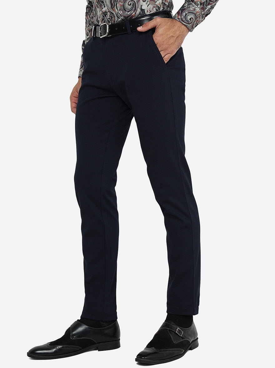 Navy Blue Solid Slim Fit Club Wear Trouser | JB Studio
