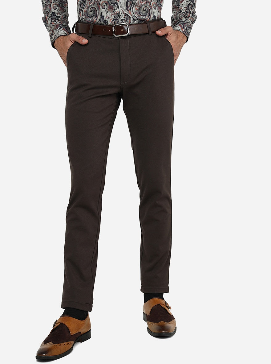 Dark Brown Solid Slim Fit Club Wear Trouser | JB Studio