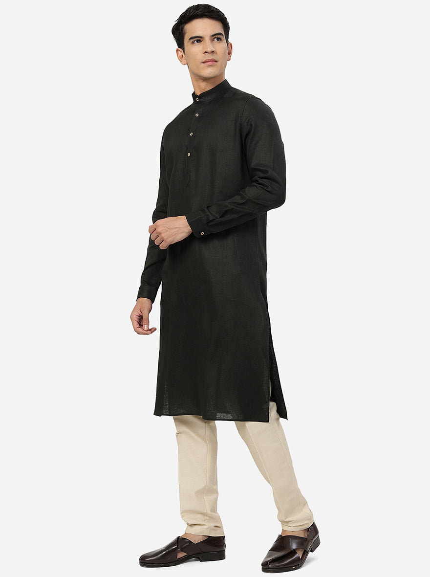 Olive Green Solid Regular Fit Modi Kurta | JadeBlue