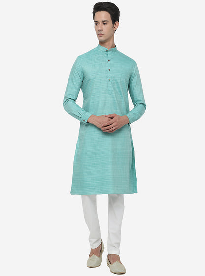 Light Green Self Textured Regular Fit Modi Kurta | JadeBlue
