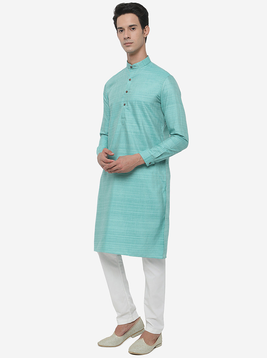 Light Green Self Textured Regular Fit Modi Kurta | JadeBlue