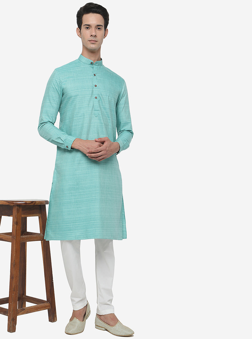 Light Green Self Textured Regular Fit Modi Kurta | JadeBlue