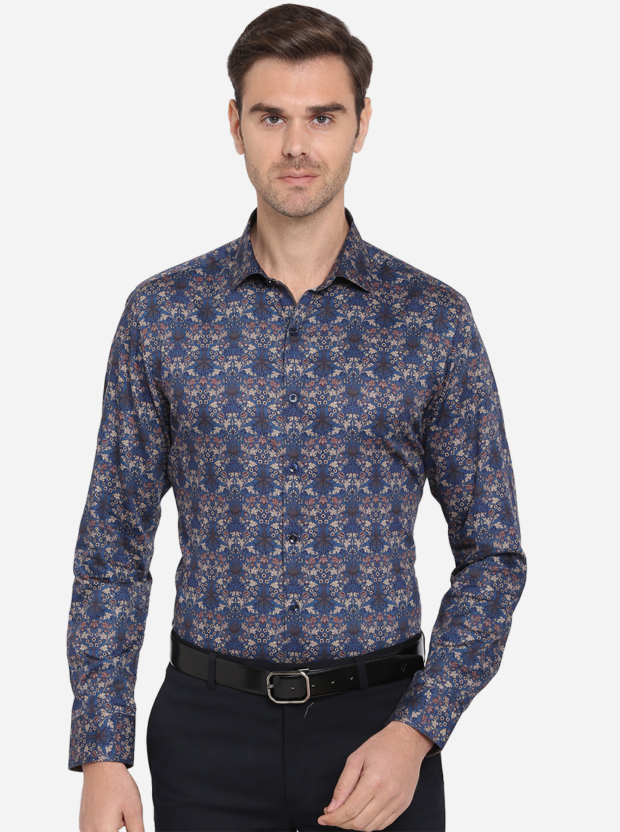 Dark Blue Printed Slim Fit Party Wear Shirt | JB Studio