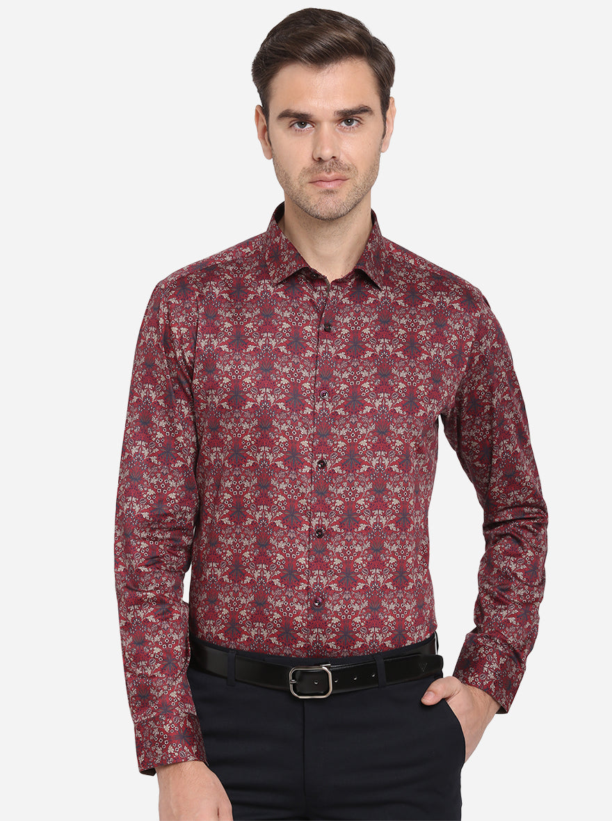 Maroon Printed Slim Fit Party Wear Shirt | JB Studio