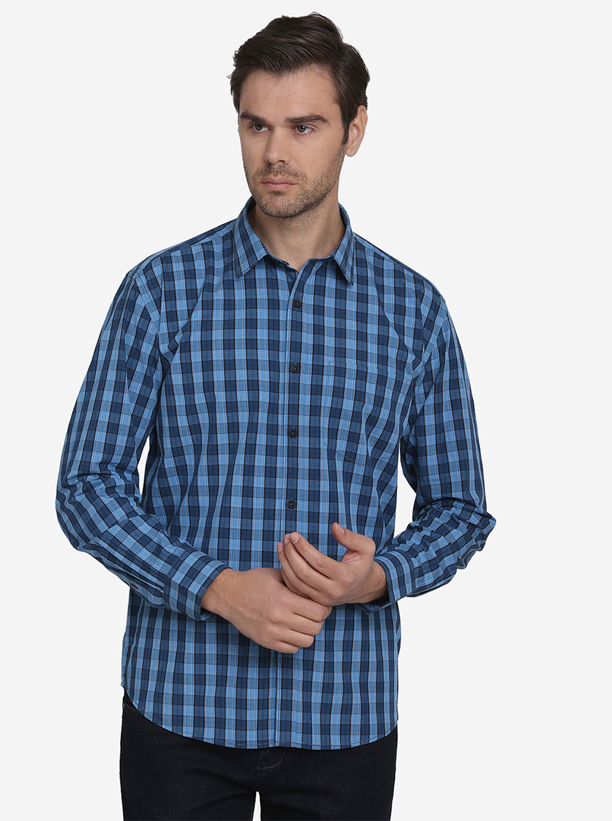 Sky Blue & Dark Blue Checked Regular Fit Casual Shirt  | Greenfibre