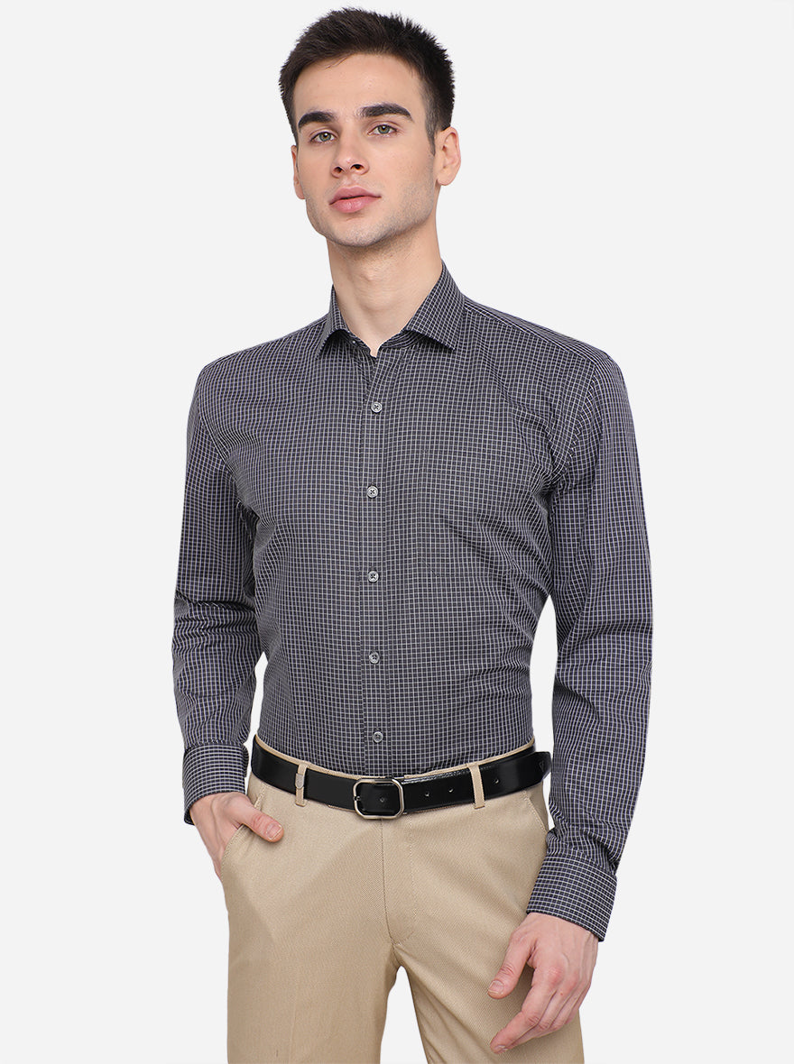 Grey & White Checked Regular Fit Formal Shirt | JadeBlue