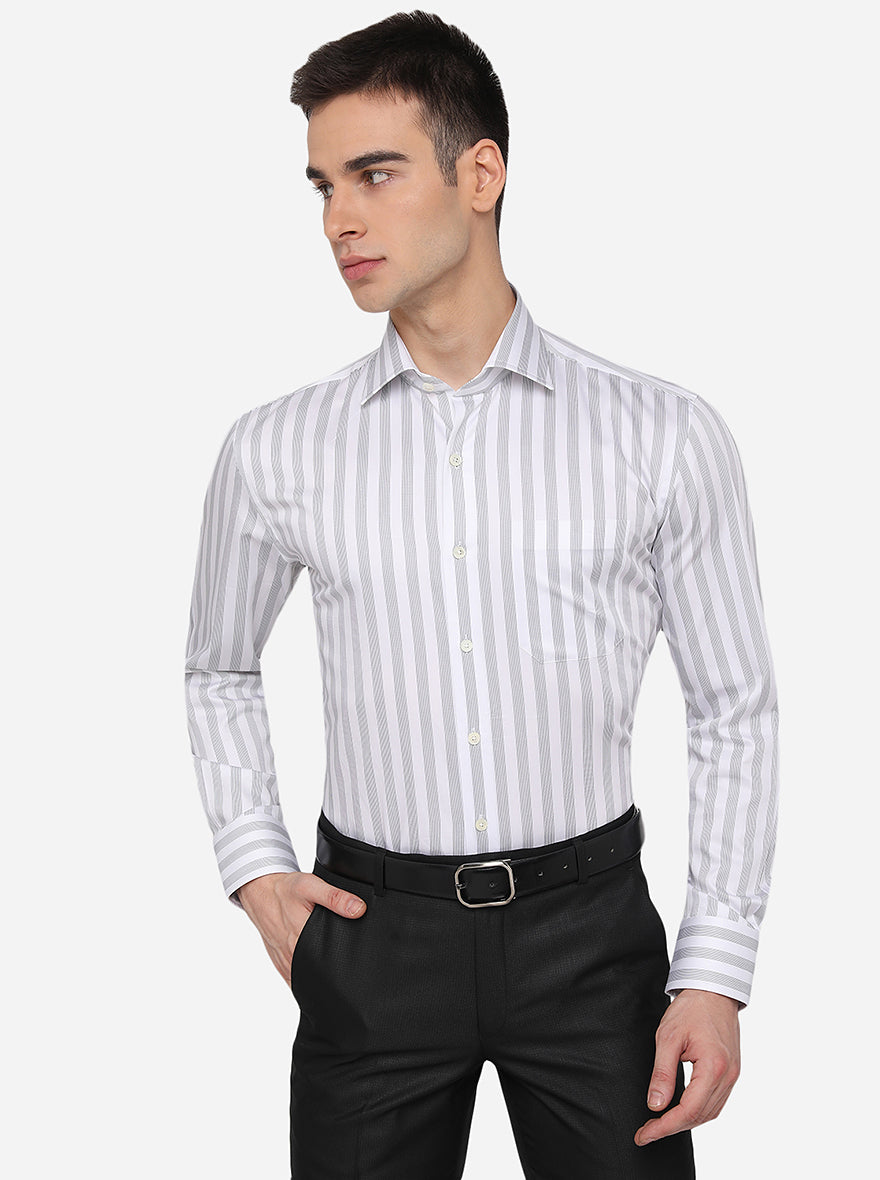 White & Black Striped Regular Fit Formal Shirt | JadeBlue