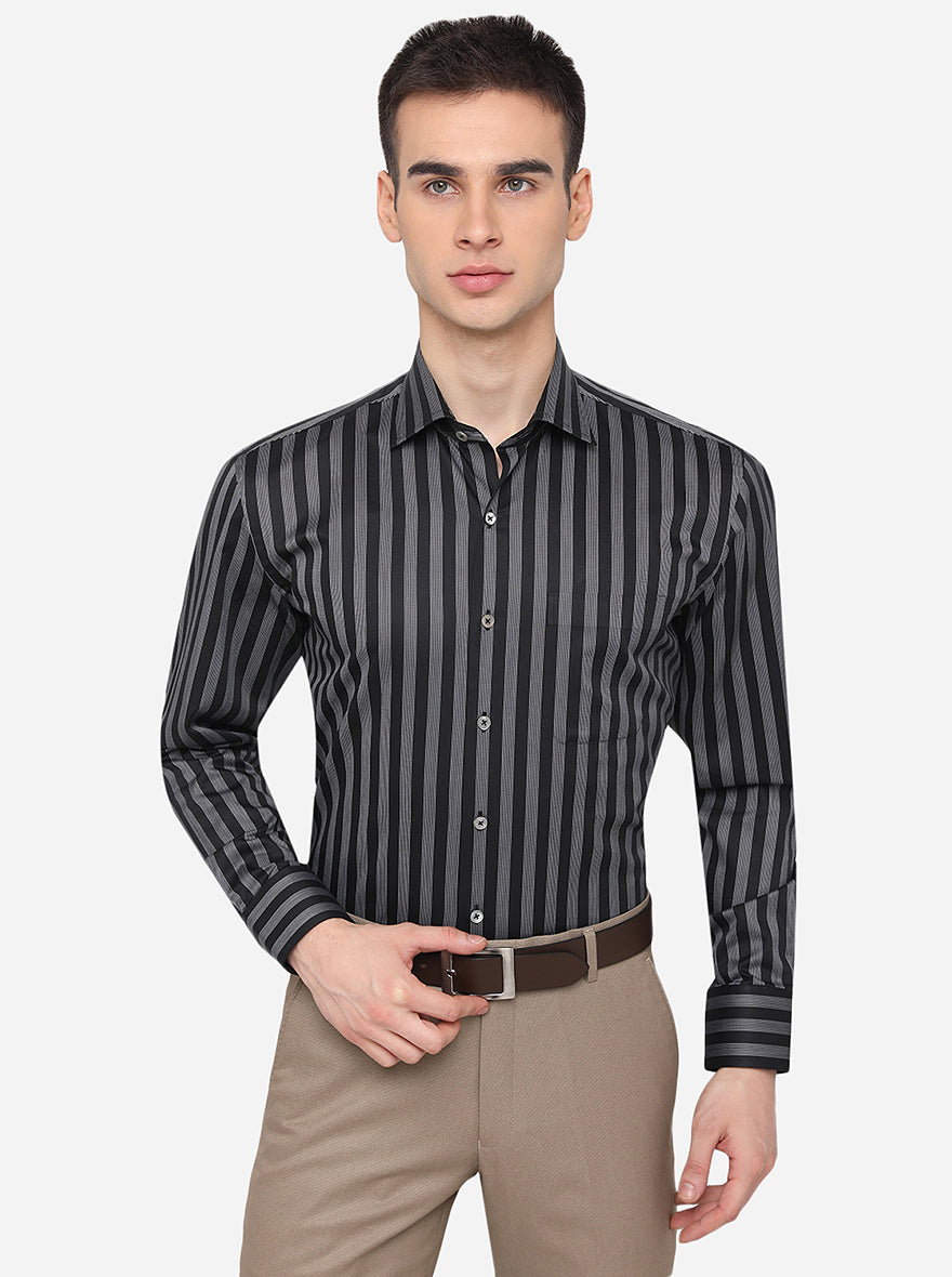 Black & White Striped Regular Fit Formal Shirt | JadeBlue